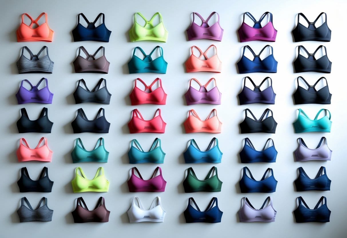 A collection of 29 different sports bras arranged neatly on a neutral background, showing various styles and colors.