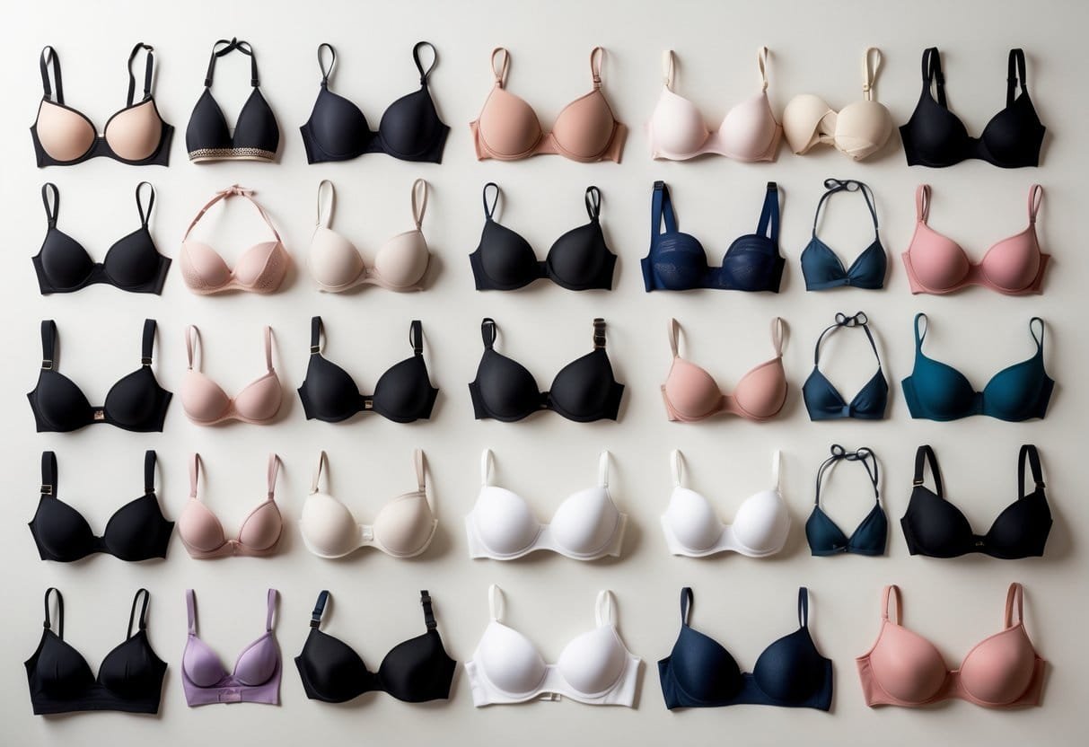 A collection of 29 different bras arranged neatly on a plain background, showing various styles and colors.