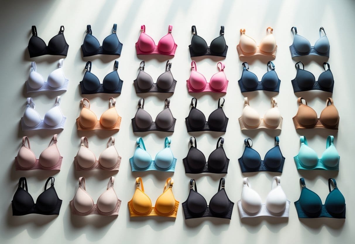 A collection of 29 different types of bras arranged on a light surface, showcasing various styles and colors.