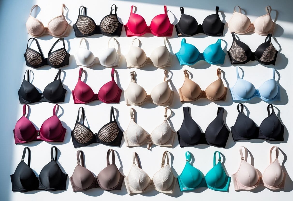 A neatly arranged collection of 29 different types of women's bras displayed on a white surface, showing various styles, colors, and fabrics.