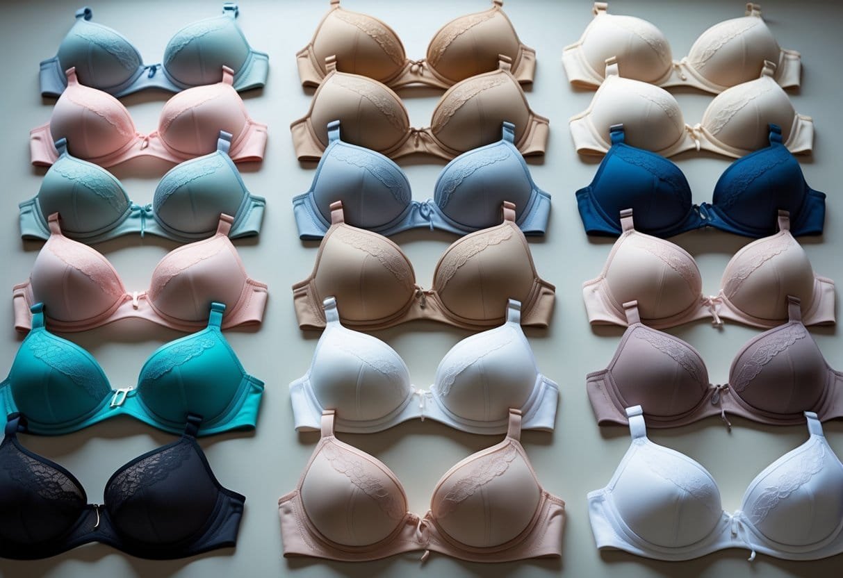 A collection of 29 different bras arranged neatly on a flat surface, showing various styles and colors.