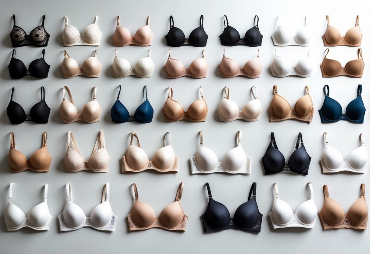 A variety of 29 different bras arranged neatly on a neutral background, showing multiple styles and colors.