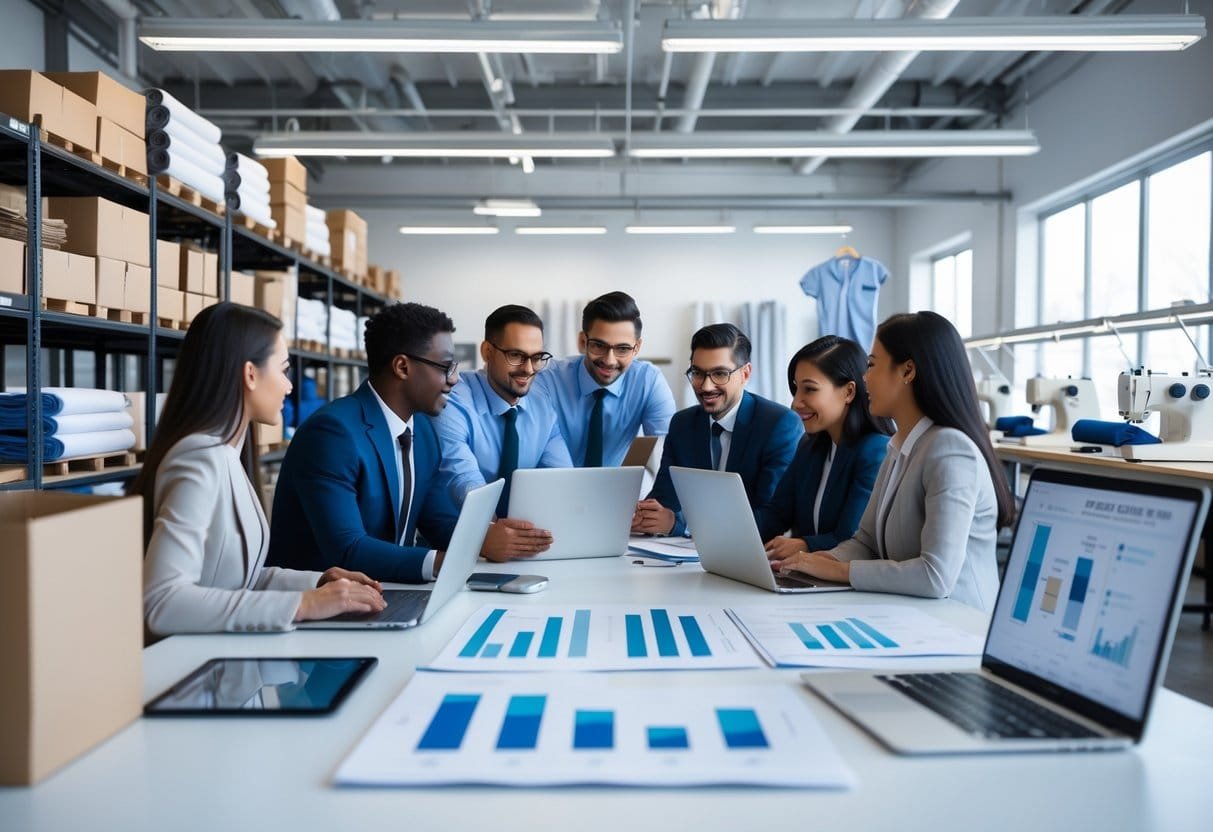 A group of professionals discussing inventory and supply chain strategies in a clothing manufacturing warehouse with shelves of clothing materials and production equipment.