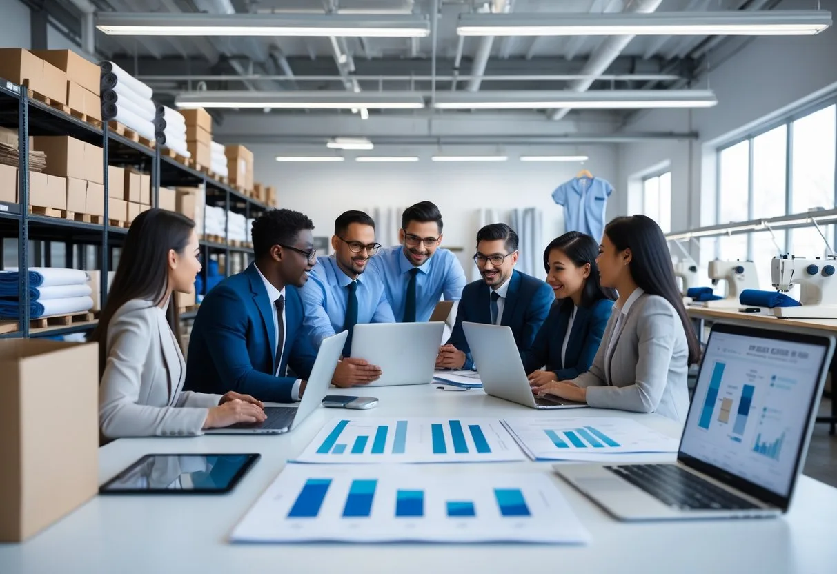 A group of professionals discussing inventory and supply chain strategies in a clothing manufacturing warehouse with shelves of clothing materials and production equipment.