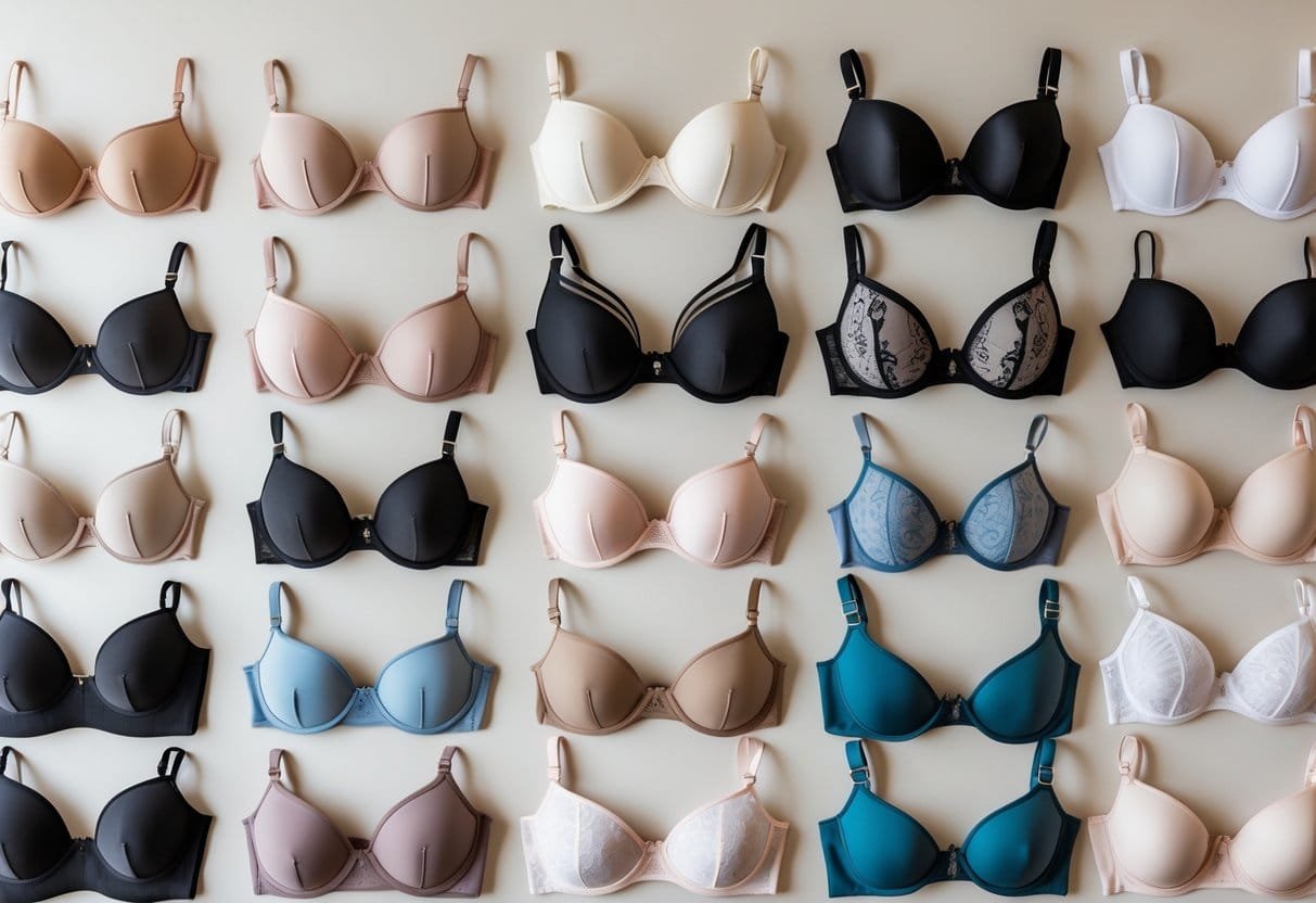 A collection of 29 different types of bras arranged neatly on a neutral background, showing various styles and colors.