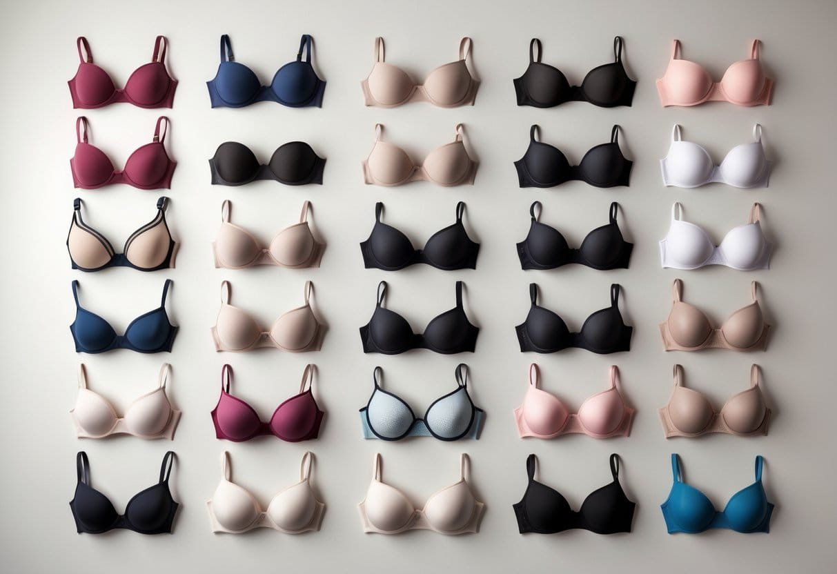 A variety of 29 different bras arranged neatly on a plain background, showing diverse styles and colors.