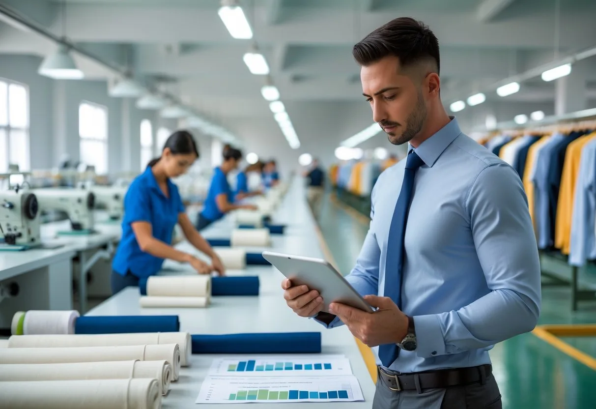 A clothing factory with workers sewing and cutting fabric while a business professional reviews cost analysis on a tablet.