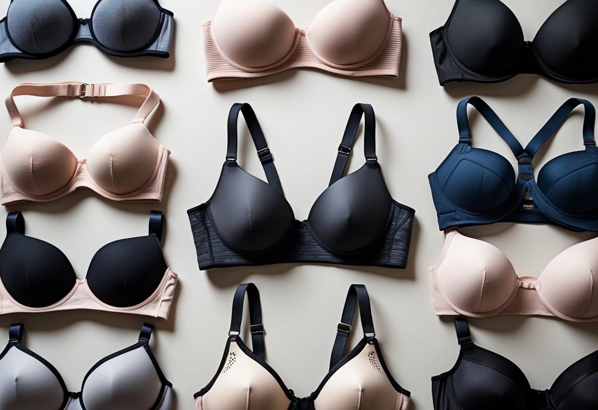 A collection of 29 different types of bras arranged on a neutral background with a racerback bra in the center.