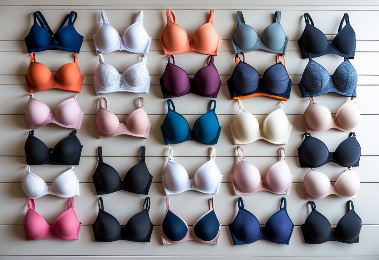 A collection of 29 different wireless bras in various styles and colors arranged on a wooden surface.
