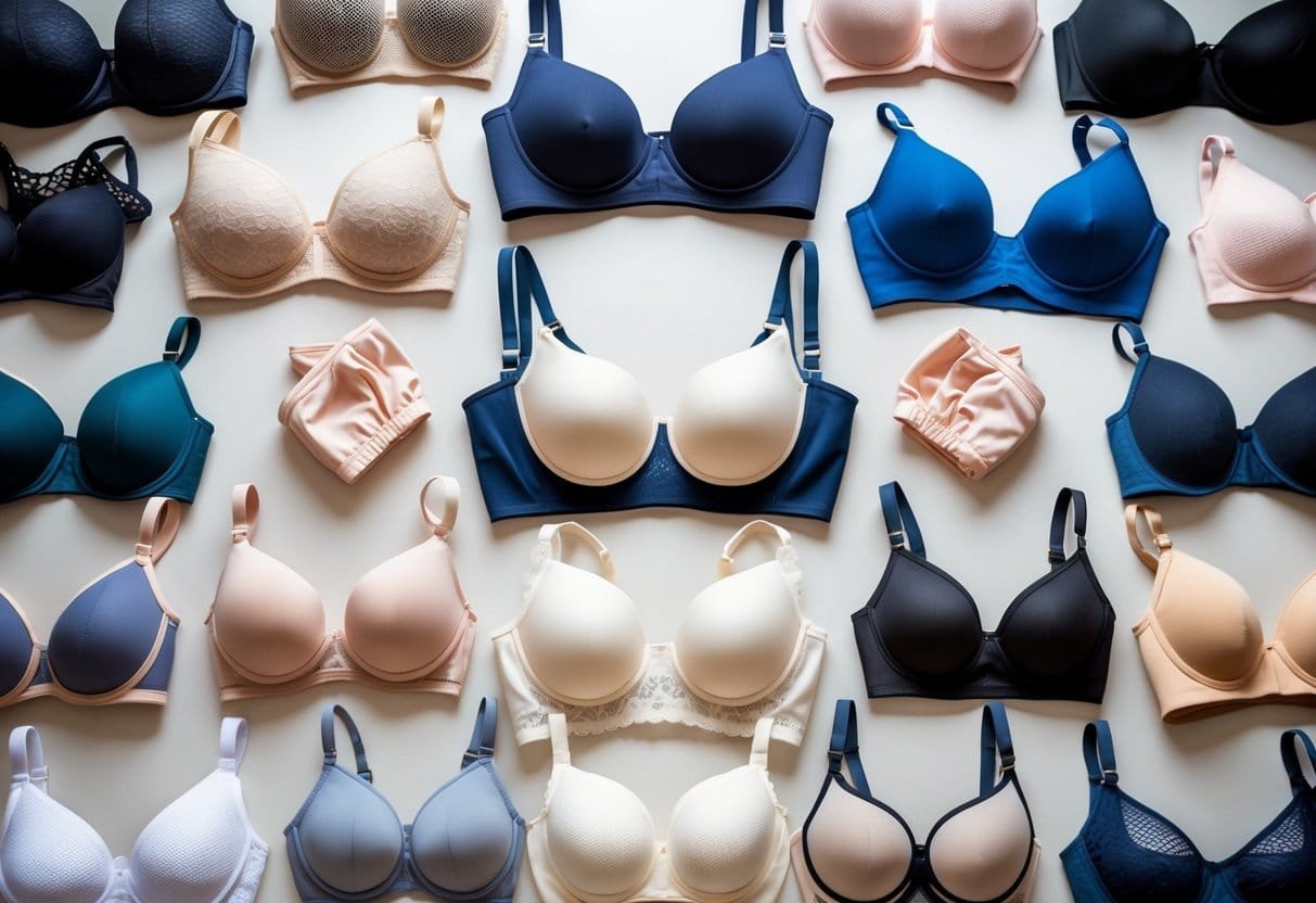 A collection of various bras arranged on a neutral background with a scoop neck bra in the center.