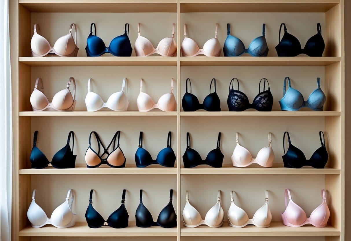 A wooden shelf displaying 29 different types of bras in various styles and colors neatly arranged against a neutral background.