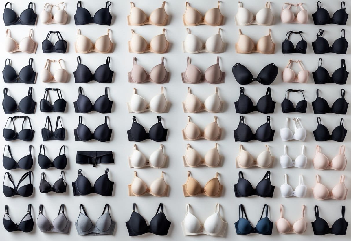 A collection of 29 different types of bras arranged neatly on a neutral background, showing various styles and colors.