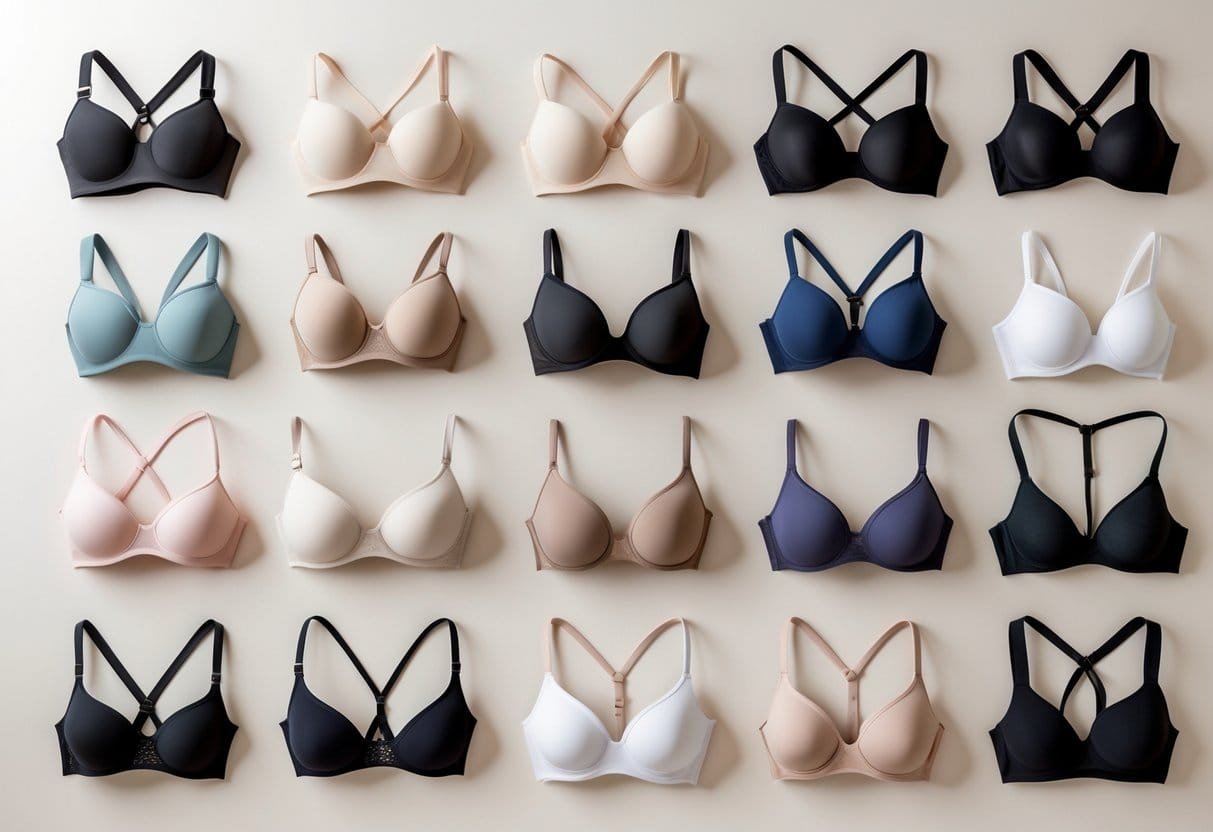A collection of 29 different seamless bras arranged neatly on a plain background, showing various styles and colors.