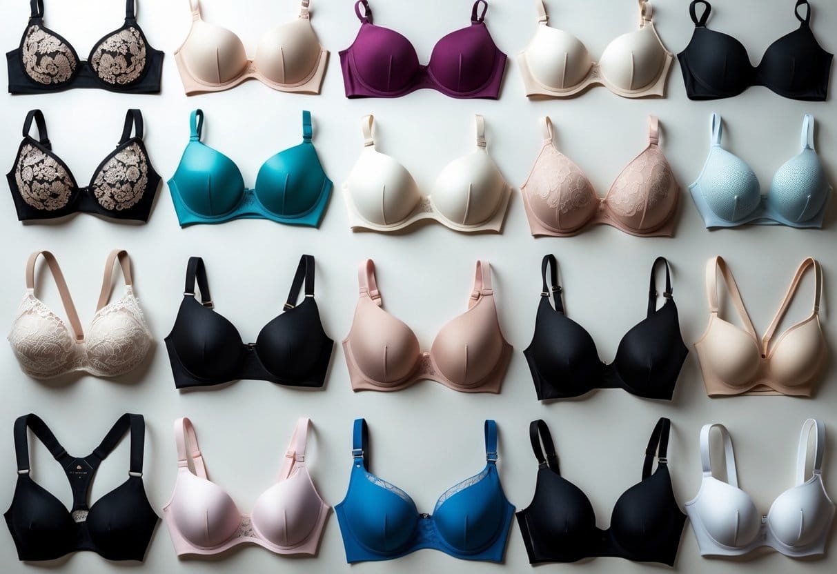 A collection of 29 different types of bras arranged neatly on a neutral background, showing a variety of styles and colors.