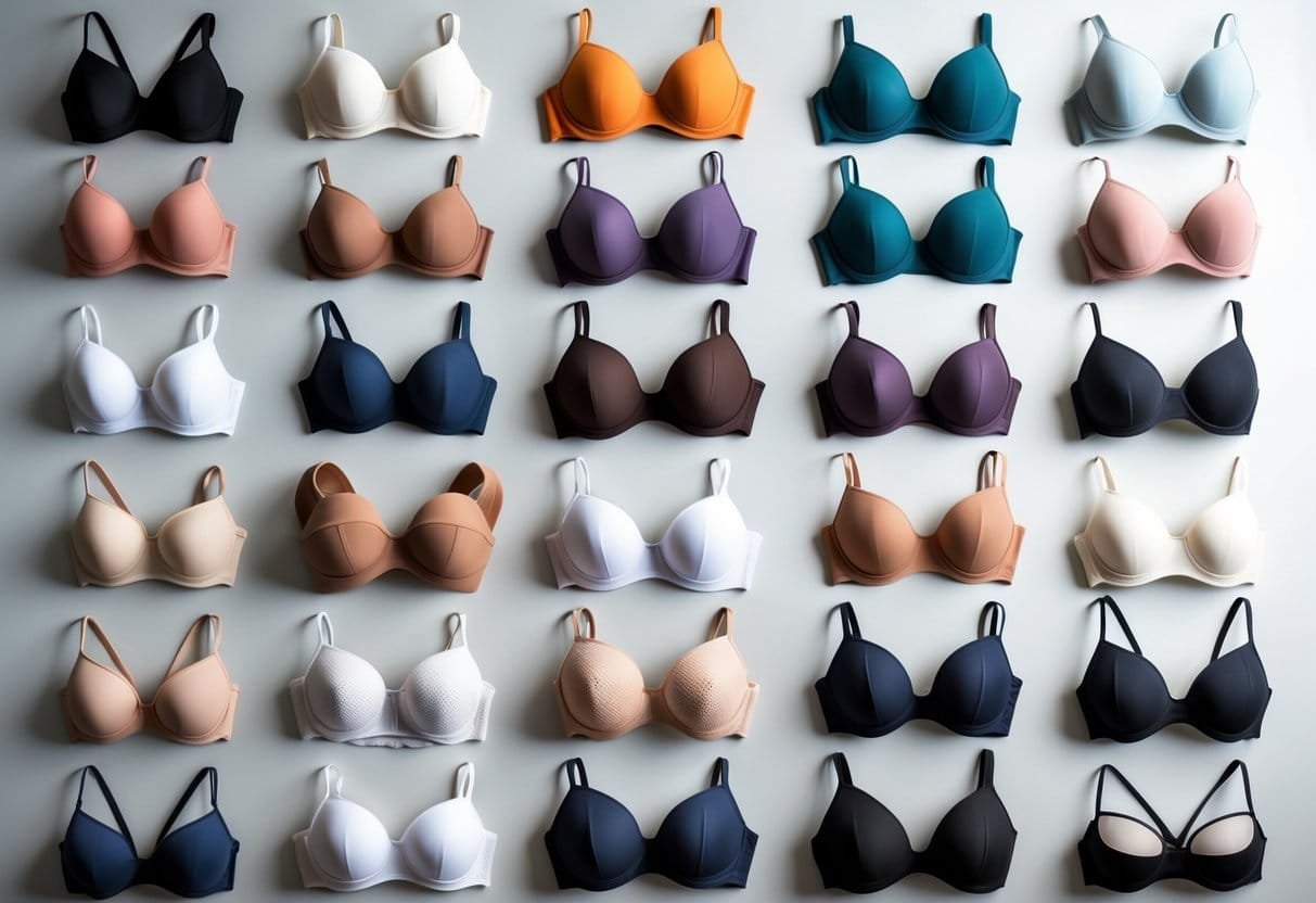 A collection of 29 different types of bras arranged neatly on a neutral background.
