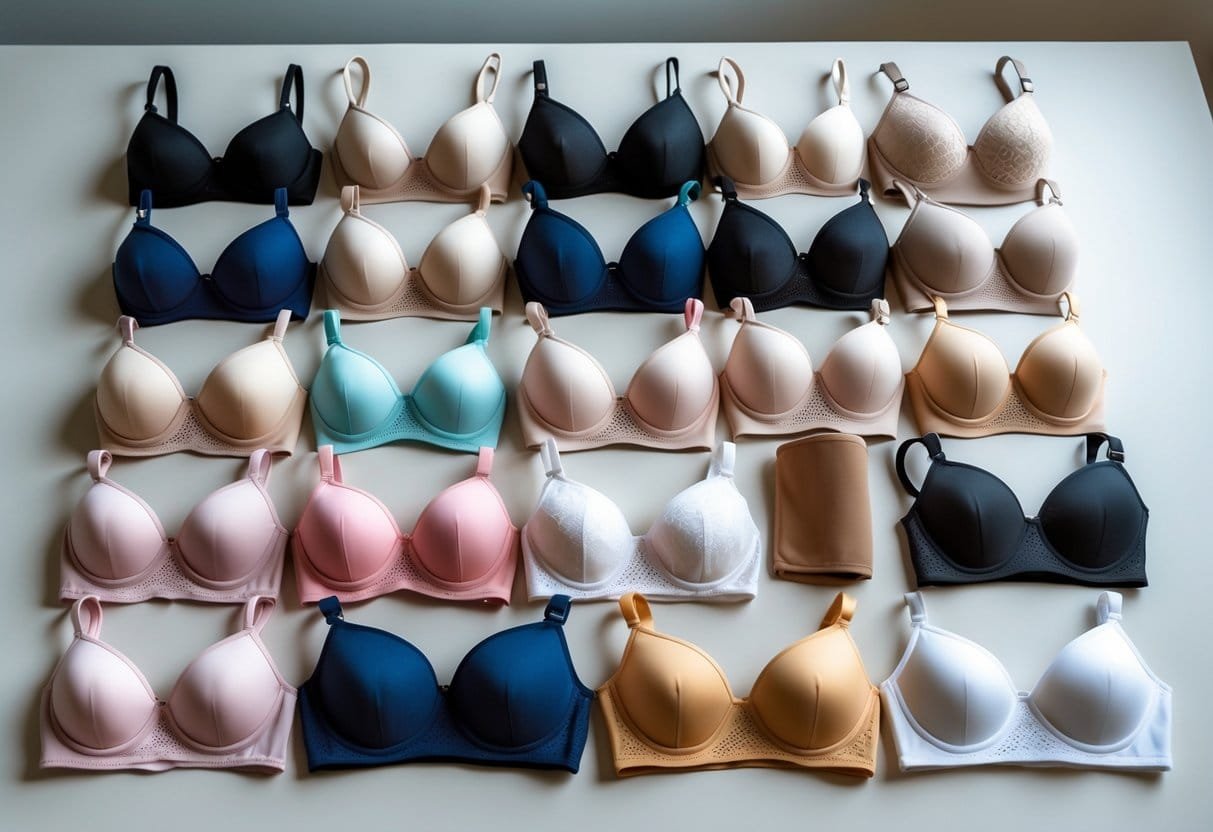 A collection of 29 different types of bras arranged neatly on a light surface, showing various styles and colors.