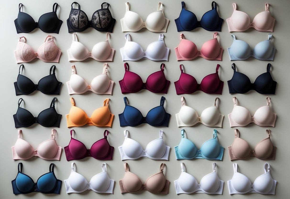 A collection of 29 different types of bras arranged neatly on a flat surface, showing various styles and colors.