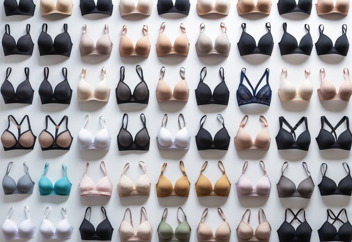 A collection of 29 different types of women's bras arranged neatly on a white background, showing various styles, colors, and fabrics.
