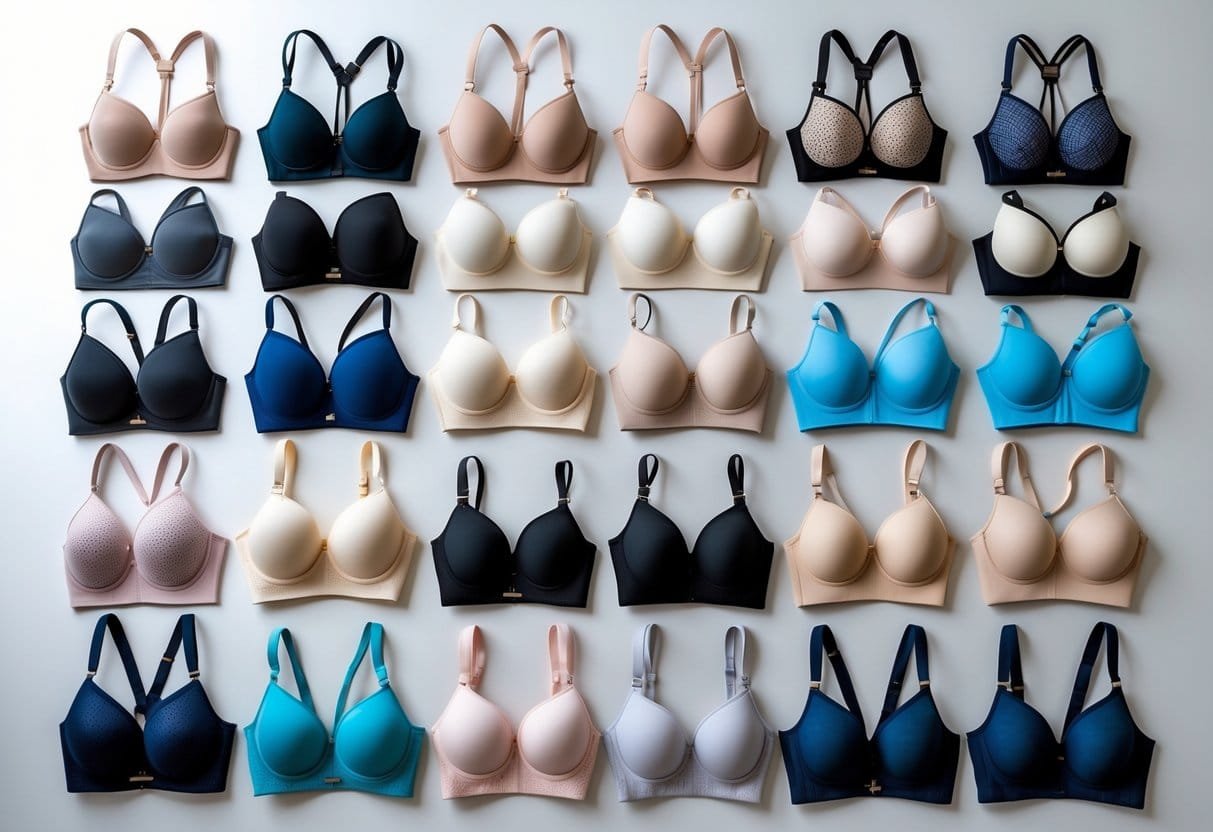 A collection of 29 different padded bras arranged neatly on a clean surface, showing various styles and colors.