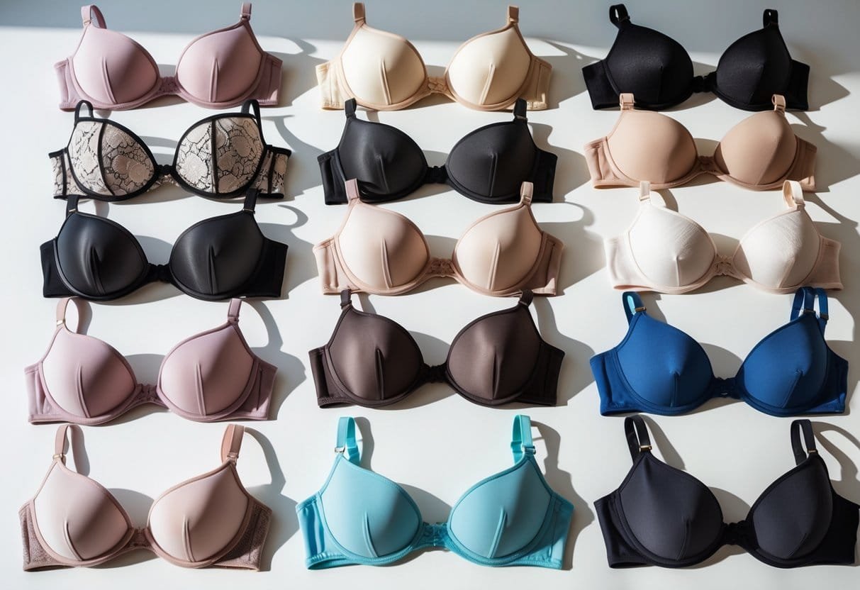 A collection of 29 different types of bras arranged neatly on a white surface, showing various styles and colors.