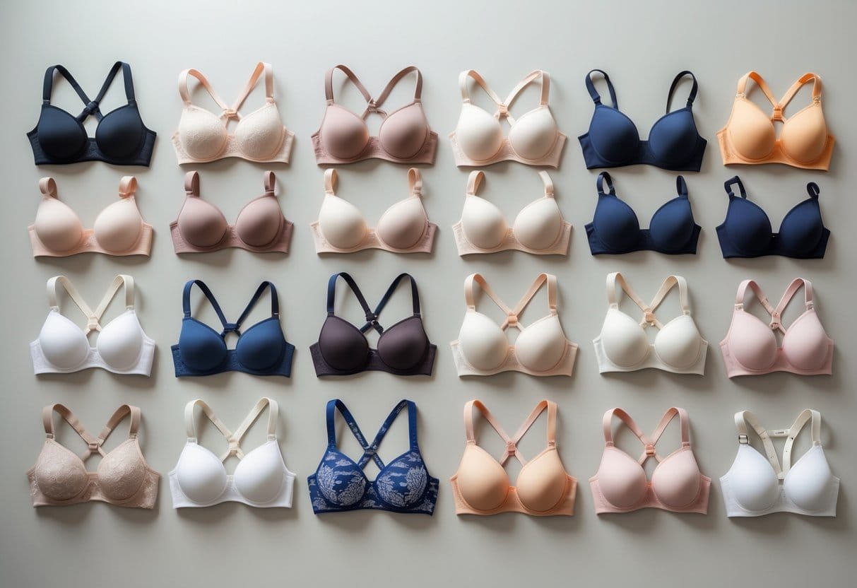 A collection of 29 different multiway bras in various styles and colors arranged neatly on a neutral background.