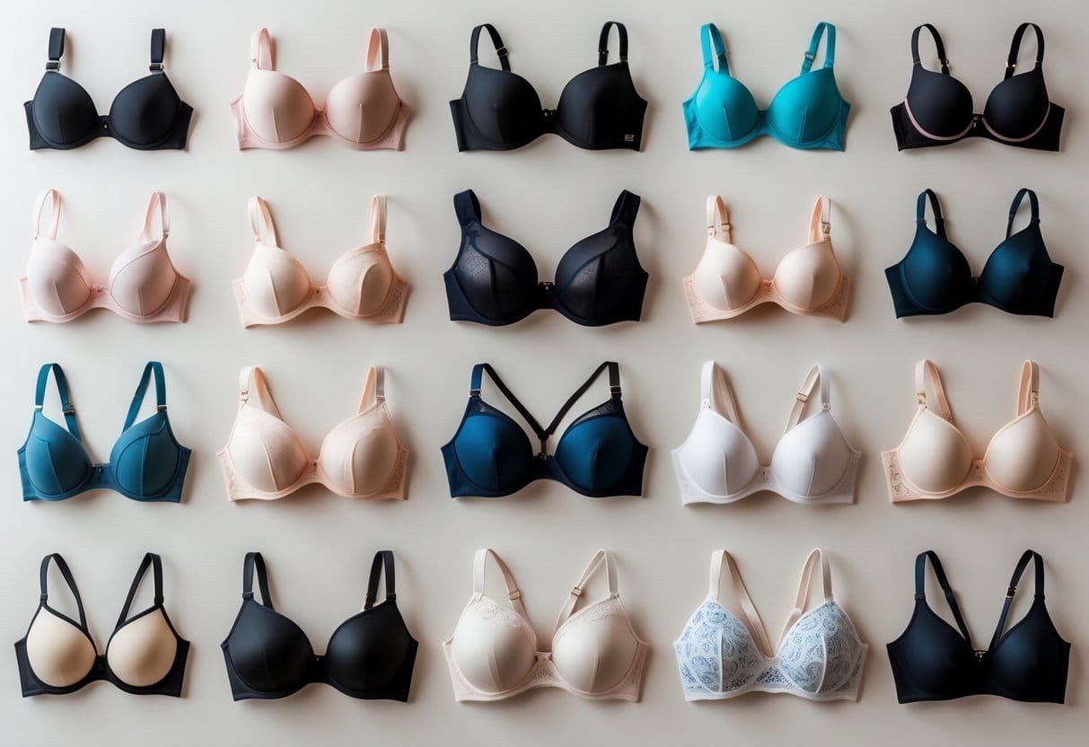 A collection of 29 different types of bras arranged neatly on a neutral background.