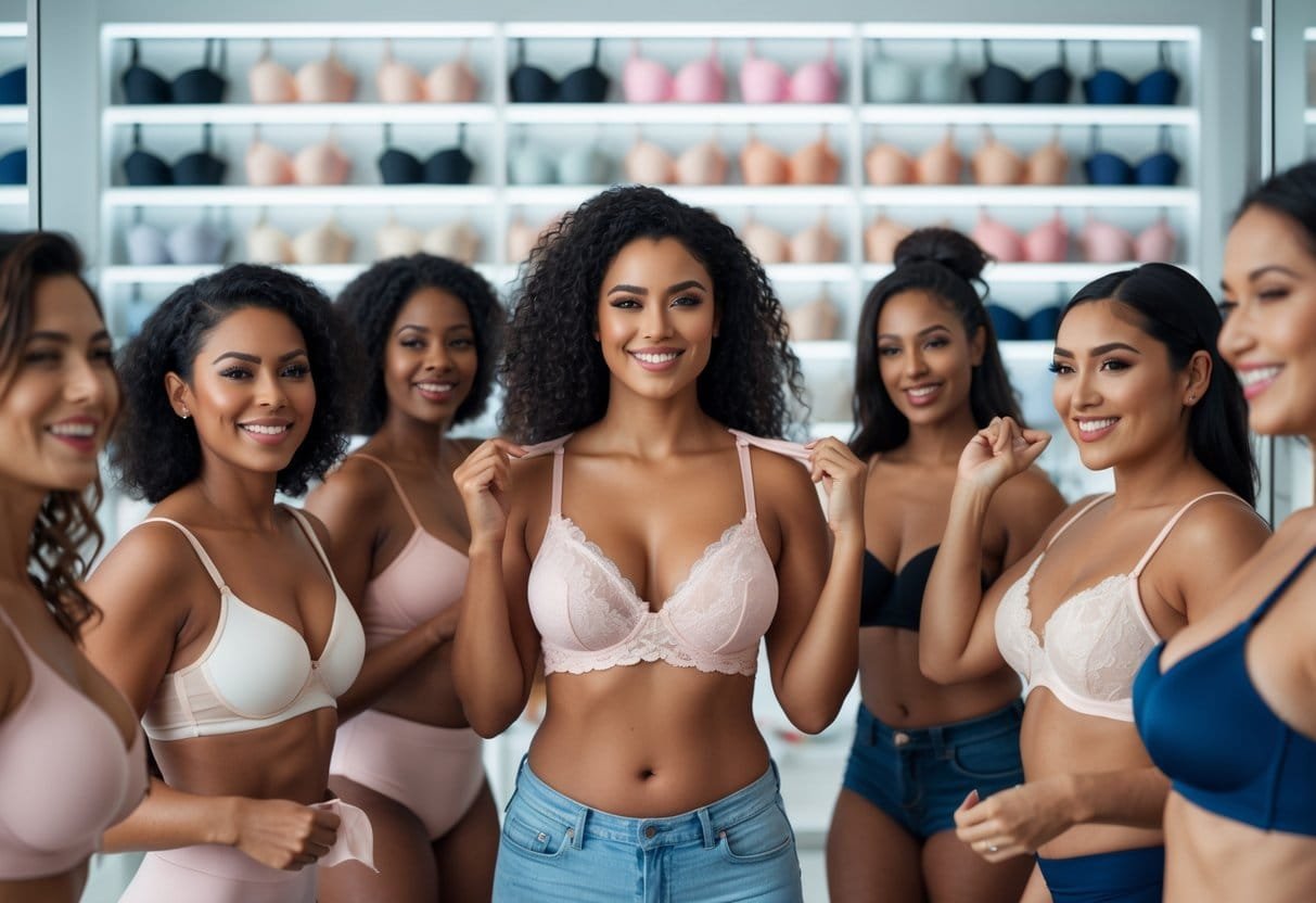 A group of women trying on and selecting different types of bras in a bright fitting room with shelves of bras in the background.