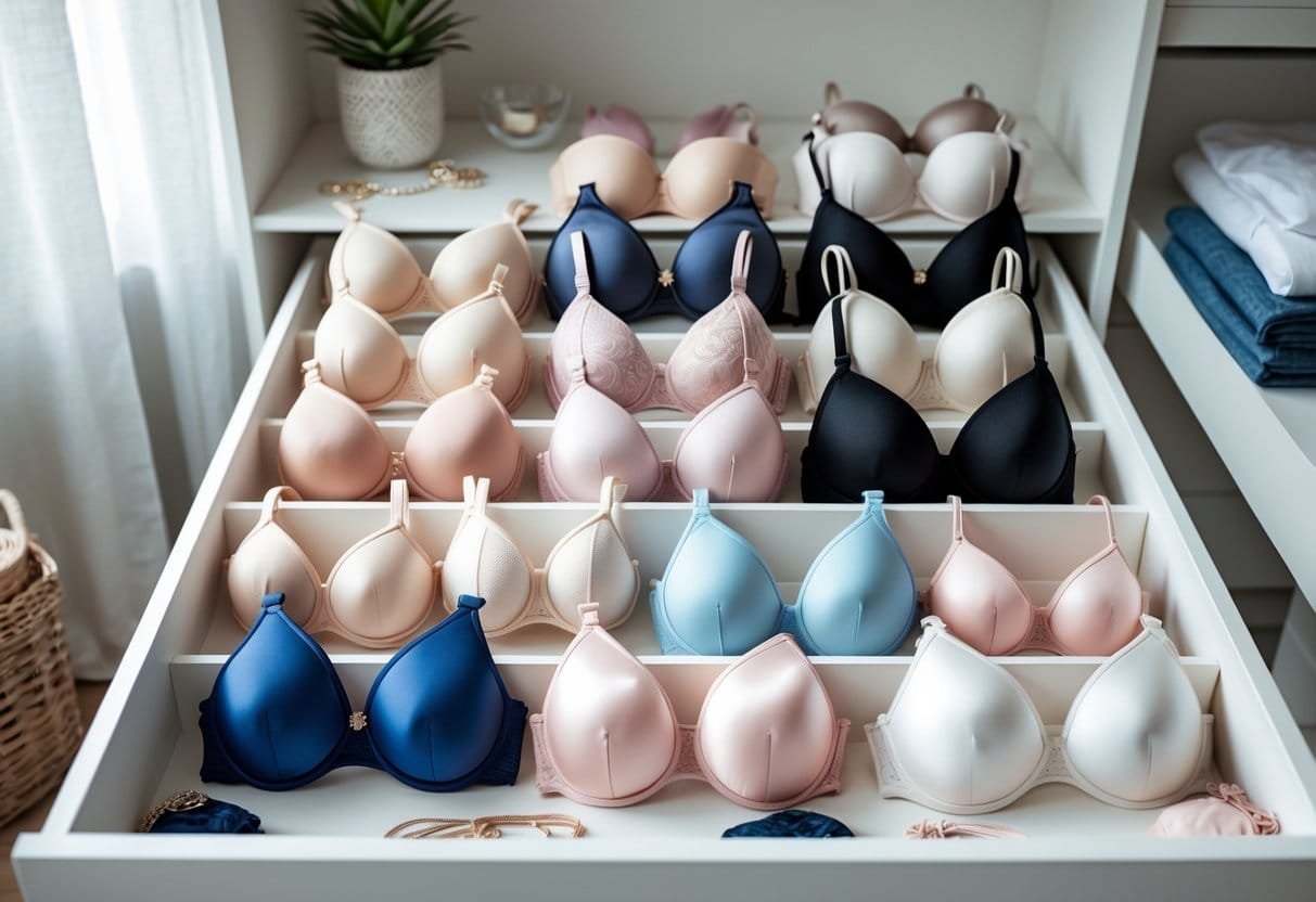A neatly organized drawer displaying a variety of different bras arranged by style and color.