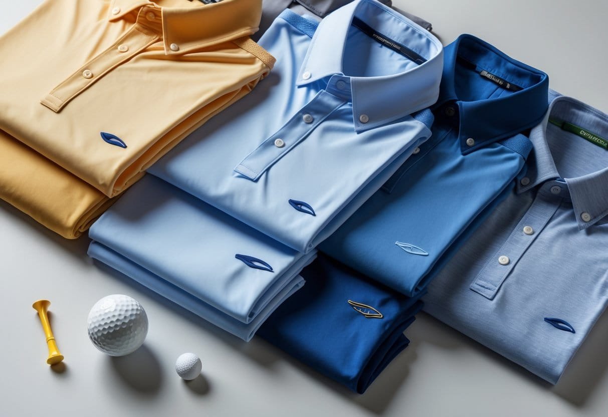 A flat lay of several golf shirts made from different materials arranged with golf accessories on a neutral background.