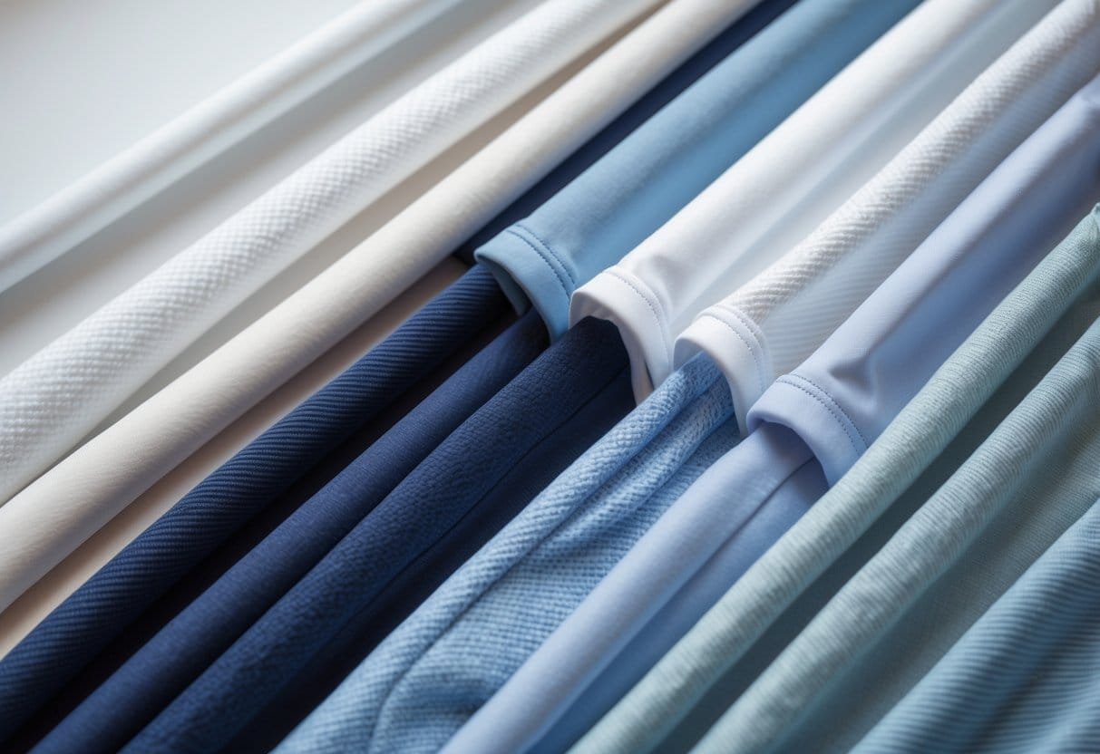 Close-up view of folded golf shirts made from different fabric materials arranged neatly on a clean surface.