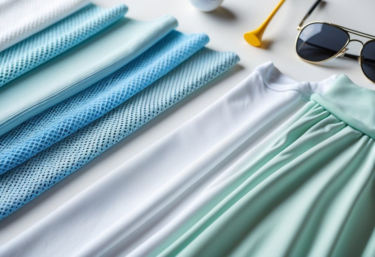 A flat lay of various golf shirt fabric samples with golf accessories on a white surface.