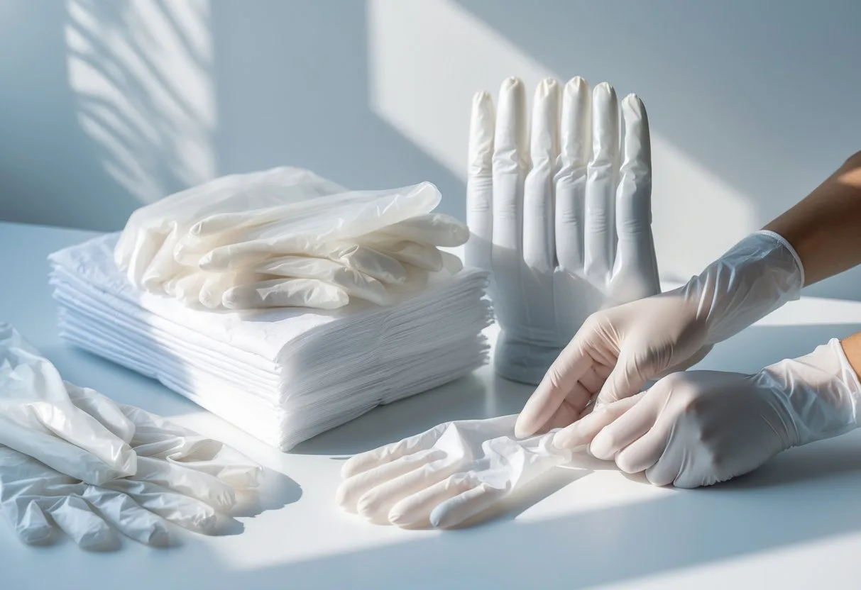 Various types of polythene gloves displayed on a white surface, some worn on a hand, showing different textures and transparency.