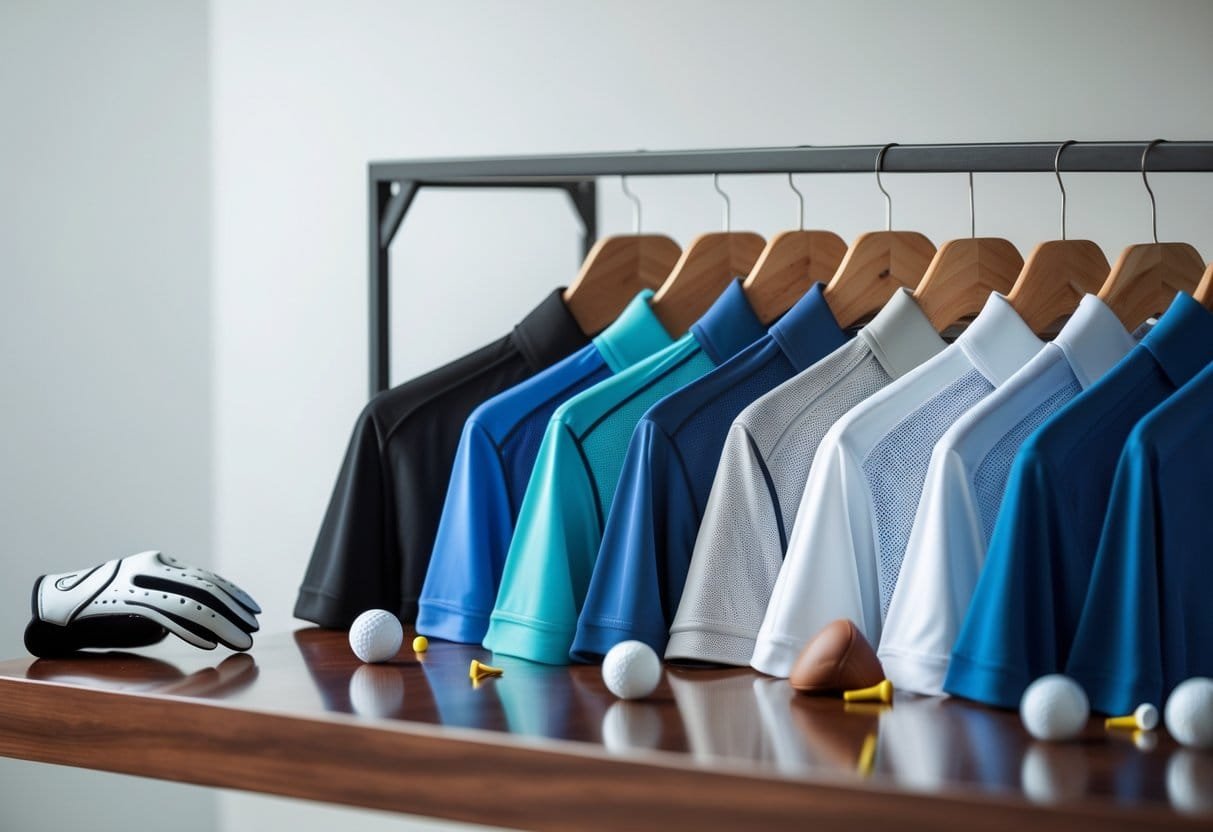 Close-up of various golf shirts made from different performance fabrics displayed on hangers with golf accessories nearby.