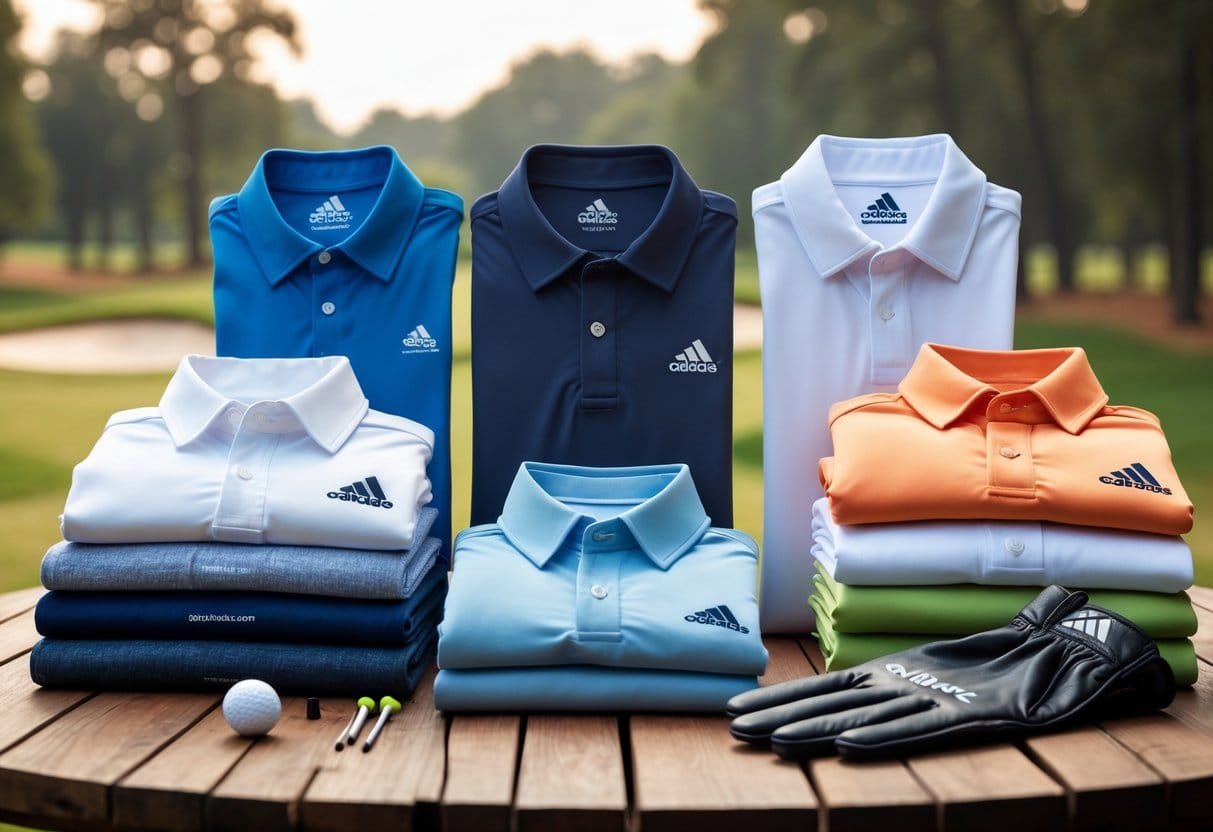 A variety of golf shirts made from different materials arranged on a wooden table with golf accessories nearby.