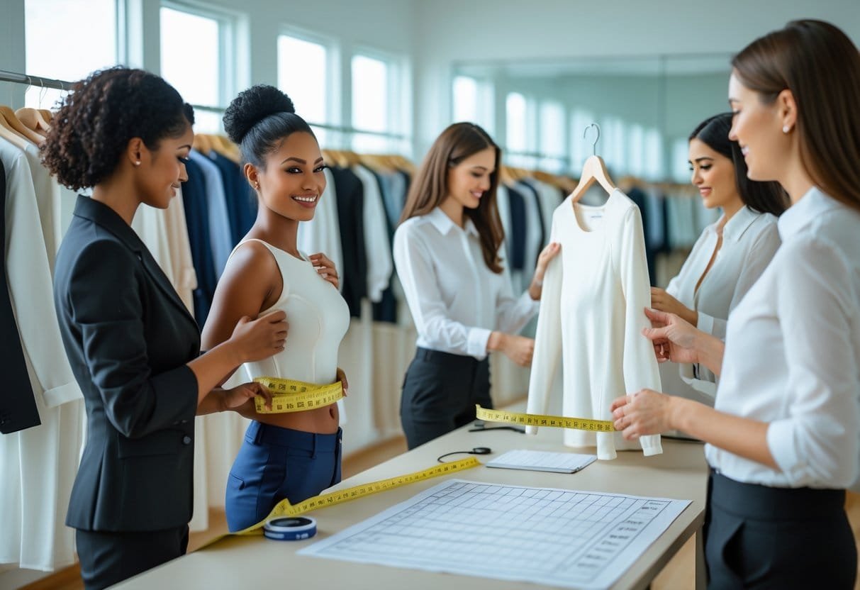 A tailor measuring a woman's waist with a tape while another person compares a garment to a size chart in a fitting room.