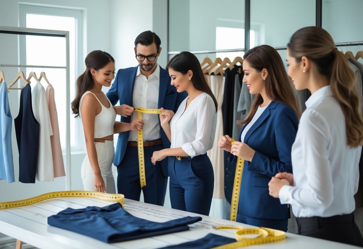A tailor measuring a client's body while another client holds a garment, with measurement tools and clothing in a fitting room.