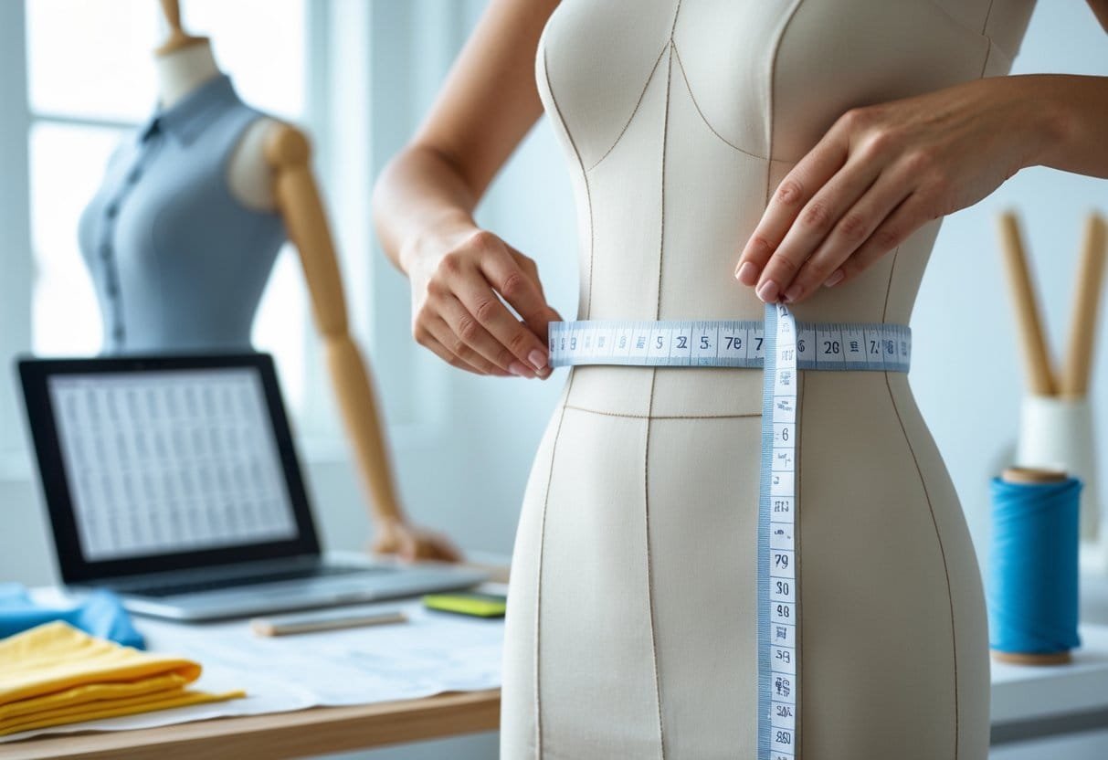 A person measuring a garment on a dress form with a measuring tape while another person stands nearby, surrounded by sewing tools and fabric in a bright studio.