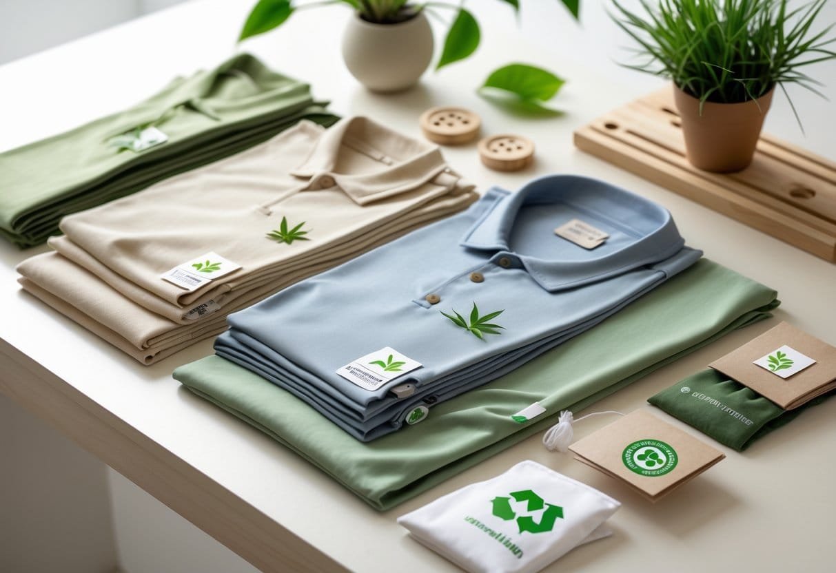 Flat lay of eco-friendly golf shirt fabric swatches with natural elements on a wooden surface.