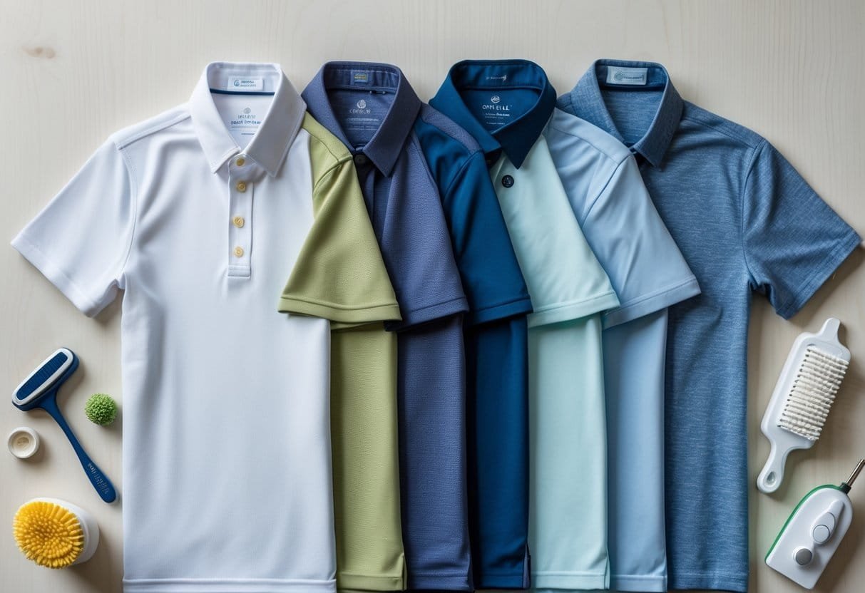 Flat lay of different golf shirts made from various fabrics with fabric care items arranged around them on a wooden surface.