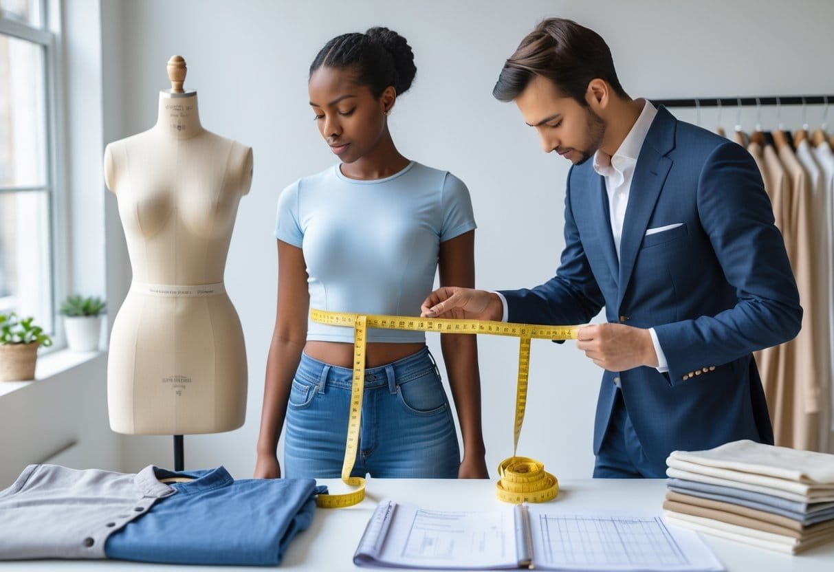 A tailor measuring a person's chest with a tape measure in a bright studio, with folded clothes and measuring tools on a nearby table.