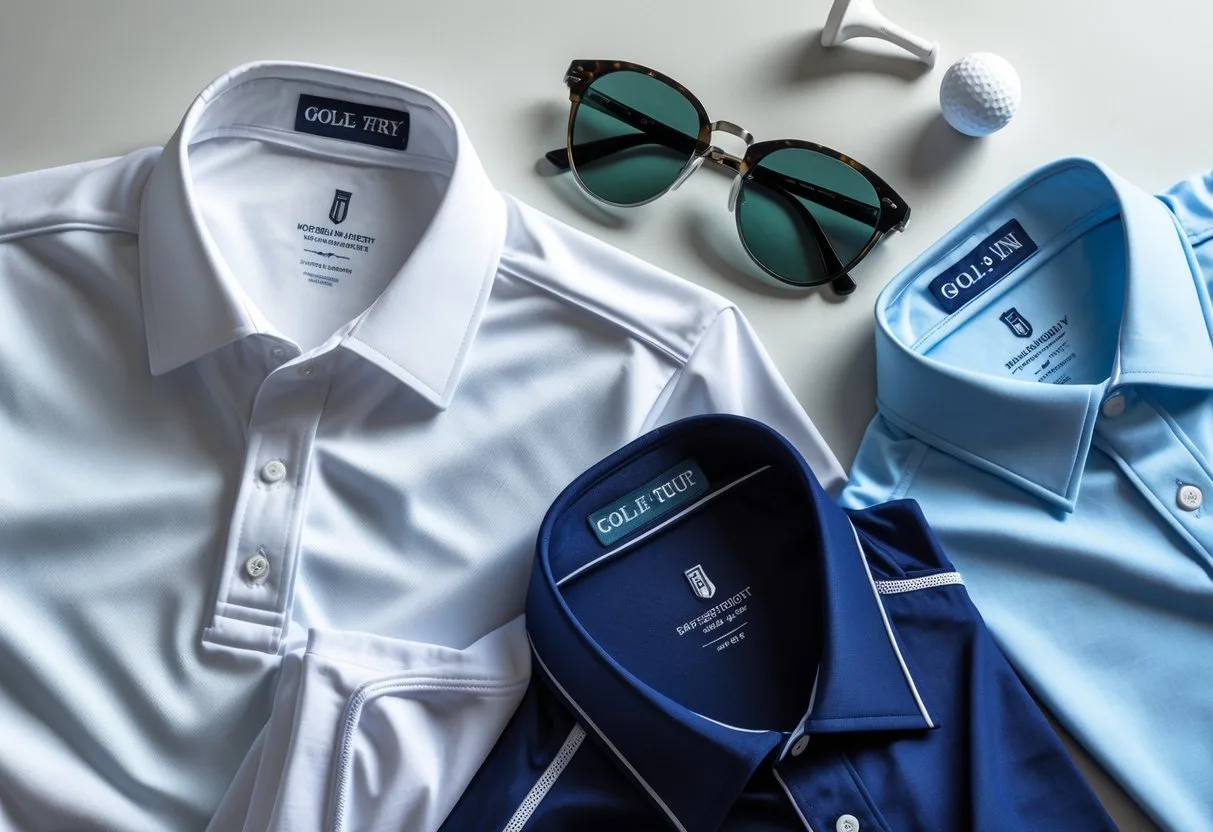 Flat lay of different golf shirts made from various fabrics with golf accessories on a neutral background.