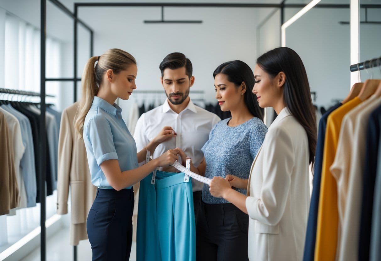 A tailor measuring a customer's body with a tape measure while the customer holds a garment in a fitting room with clothing racks in the background.