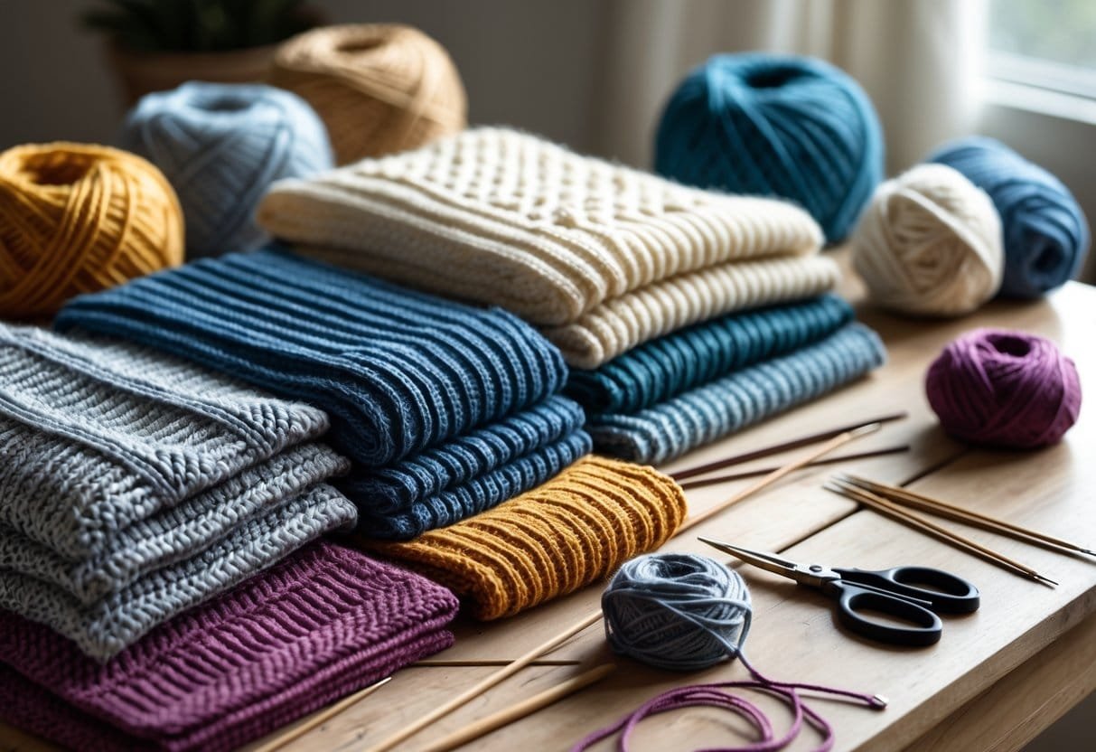 A table displaying various knitted fabric samples with knitting needles, yarn balls, and fabric scissors.