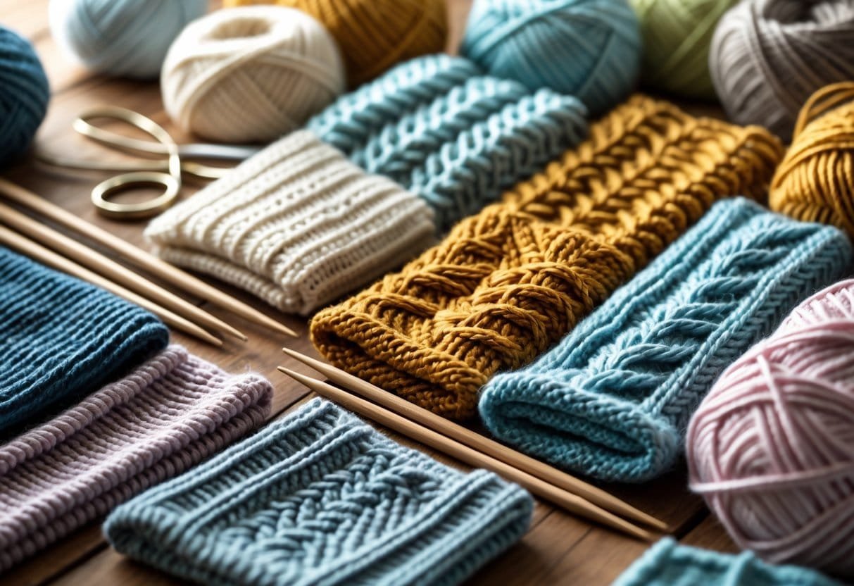Close-up view of various knitted fabrics with knitting needles, yarn balls, and scissors on a wooden table.