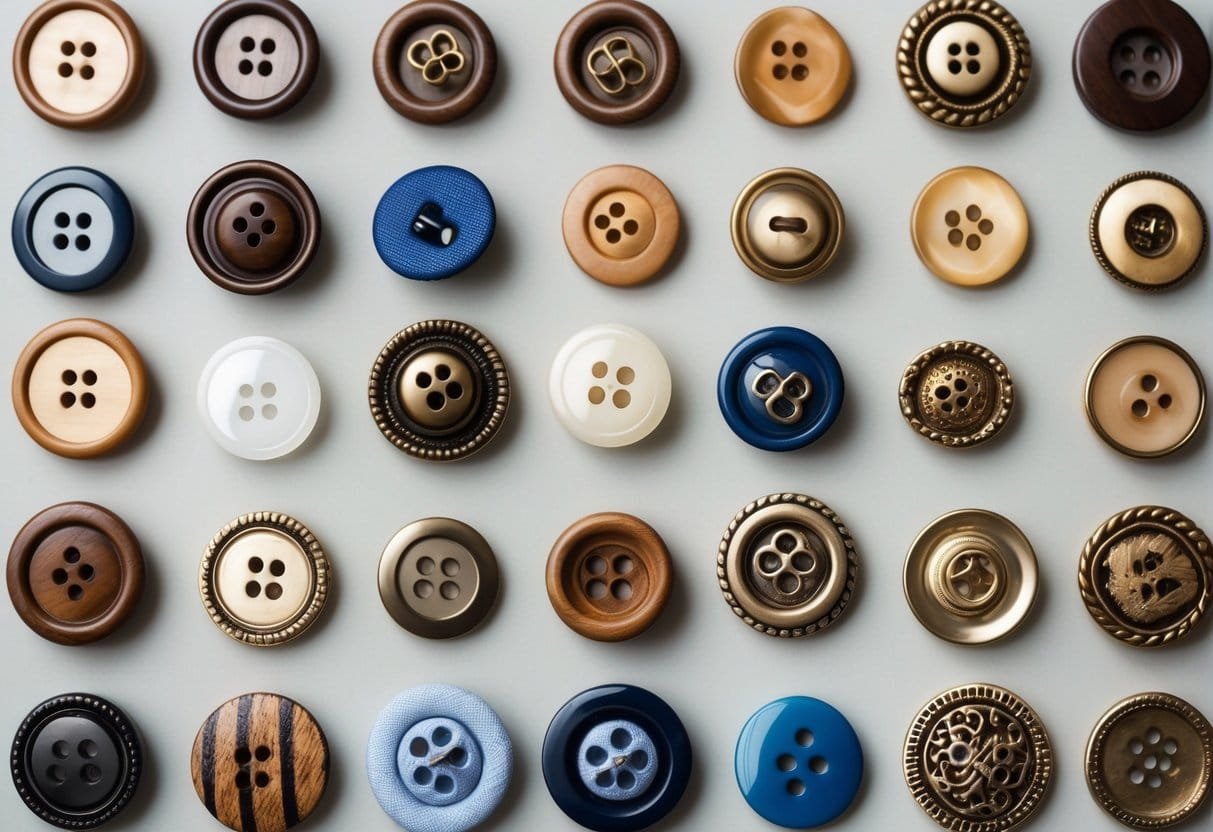 A flat lay of various types of clothing buttons arranged neatly on a neutral background.