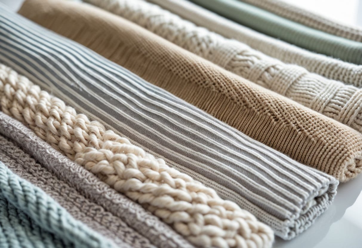 Close-up view of different types of knitted fabric samples arranged on a surface, showing various knitting patterns and textures.