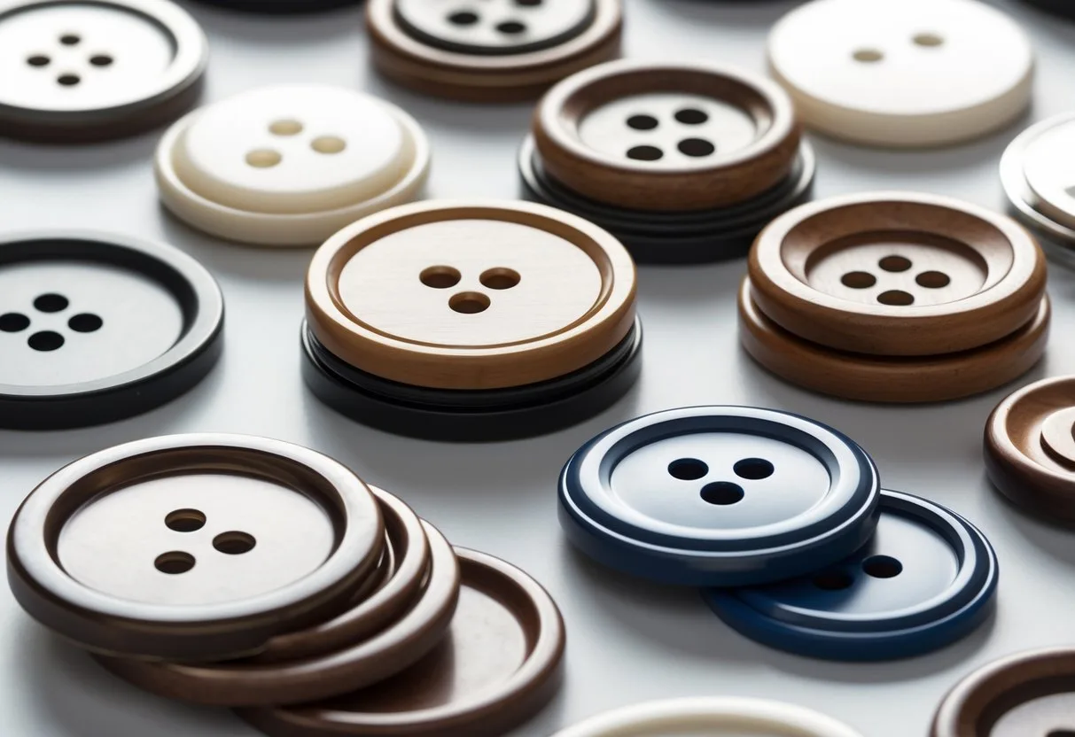 Close-up view of various flat 2-hole buttons of different sizes, colors, and materials arranged on a plain background.