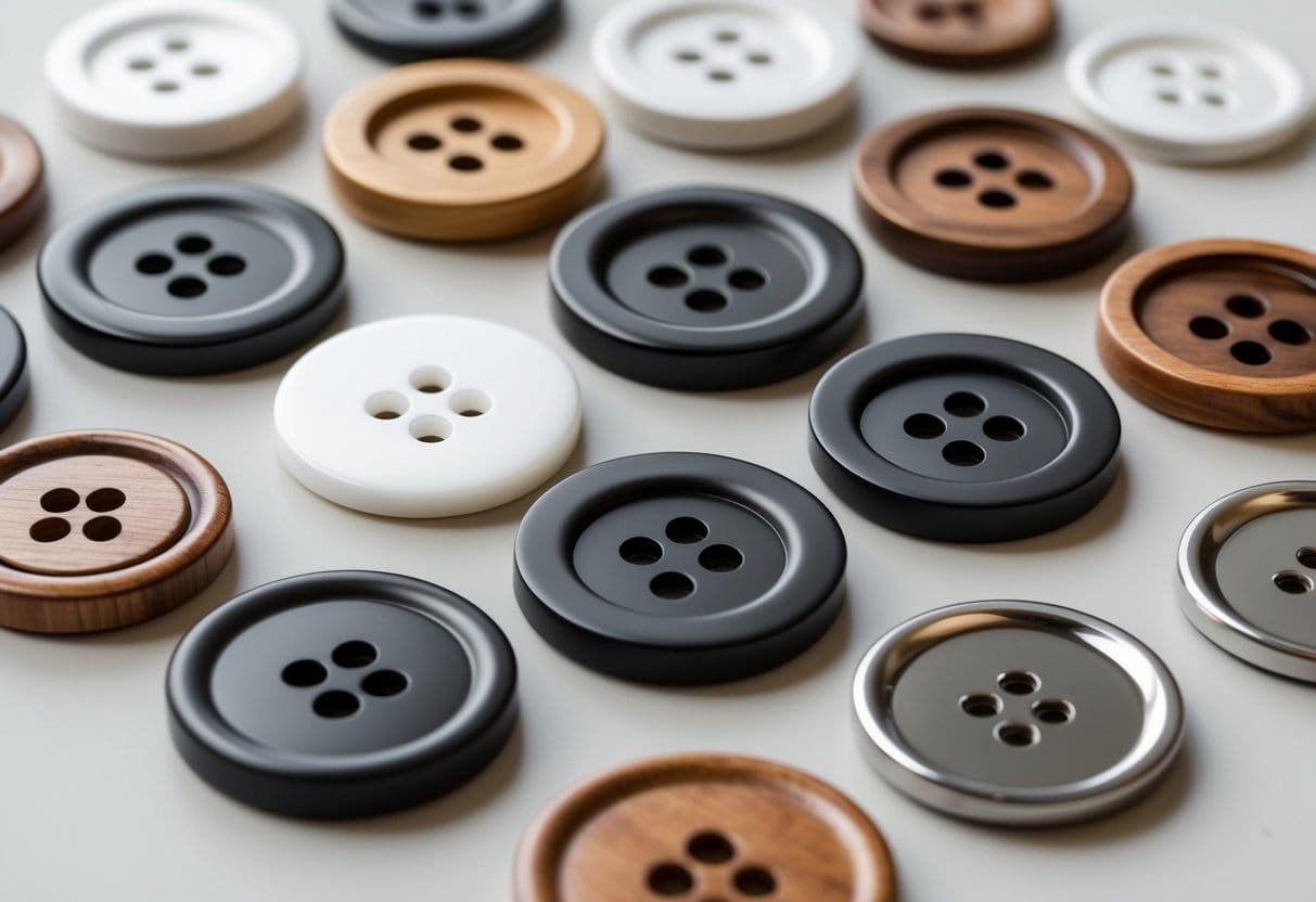 A close-up view of several flat 4-hole buttons of different colors and materials arranged on a plain background.