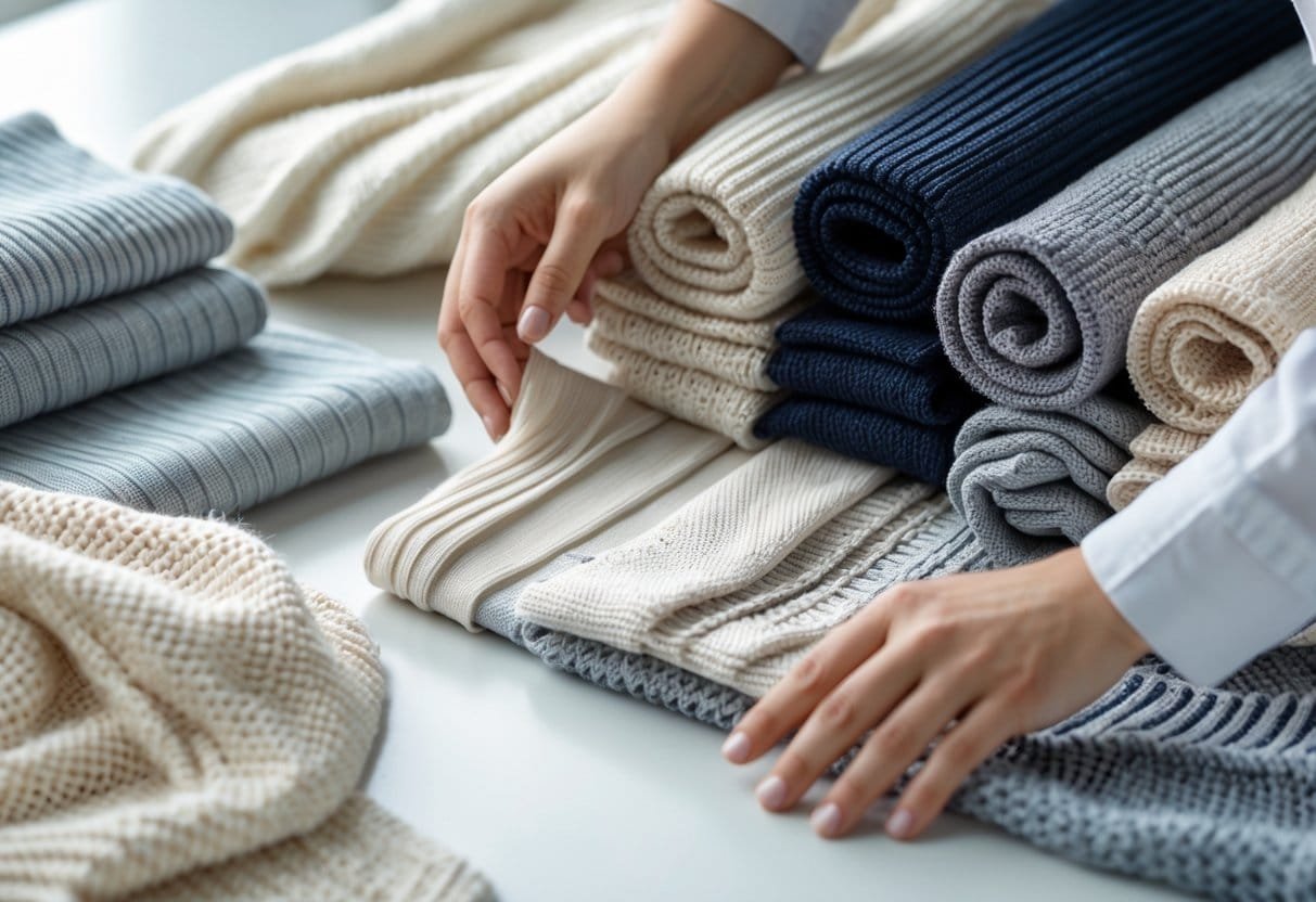 Close-up view of various knitted fabric samples showing different textures and patterns arranged on a surface with hands touching the fabrics.