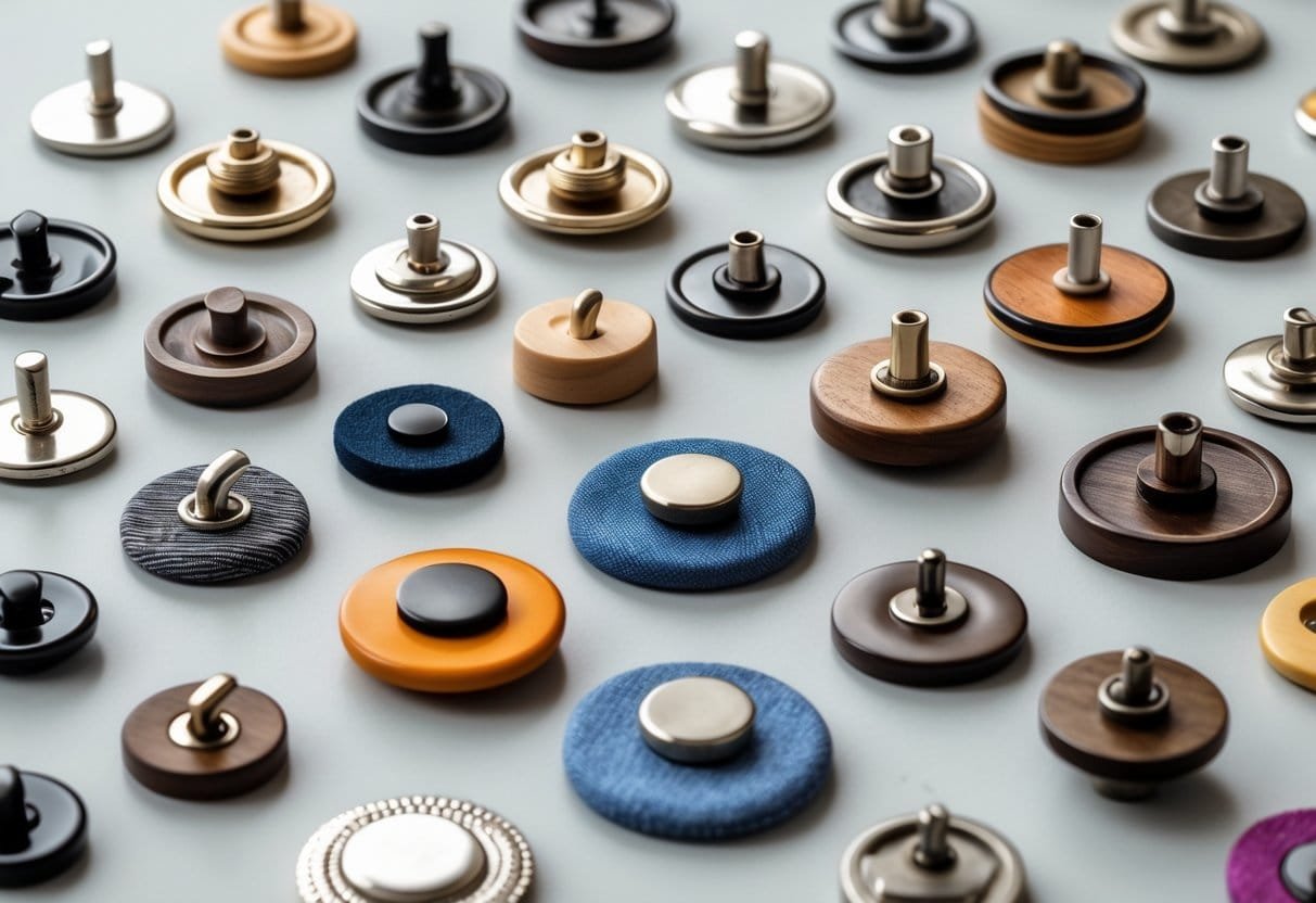 Close-up view of various shank buttons in different sizes, colors, and materials arranged on a plain background.
